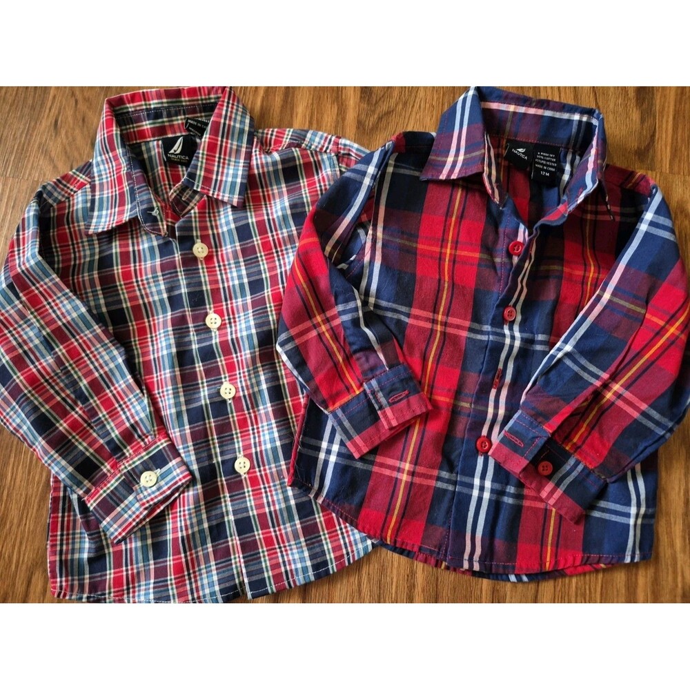 2 Toddler Kids Nautica Button Down Shirts 12M Red White And Blue